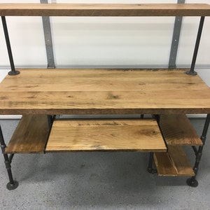 Computer Desk. Natural Finished Reclaimed Wood Table, Rustic Barnwood Table 4 shelf + keyboard tray