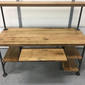 Computer Desk. Natural Finished Reclaimed Wood Table, Rustic Barnwood Table 4 shelf keyboard tray image 1