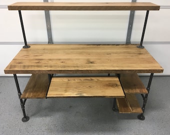 Computer Desk. Natural Finished Reclaimed Wood Table, Rustic Barnwood Table 4 shelf + keyboard tray