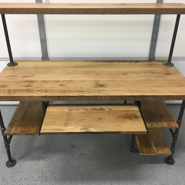 Computer Desk. Natural Finished Reclaimed Wood Table, Rustic Barnwood Table 4 shelf + keyboard tray