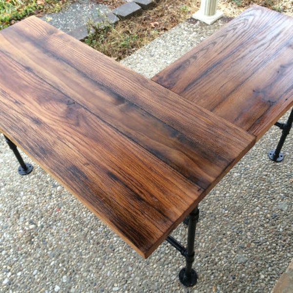 Desk, L Shaped Desk, Reclaimed Wood Desk, Corner Desk, Computer Desk, Wood Office Desk - Solid Oak W/ 28" Black Iron Pipe legs.