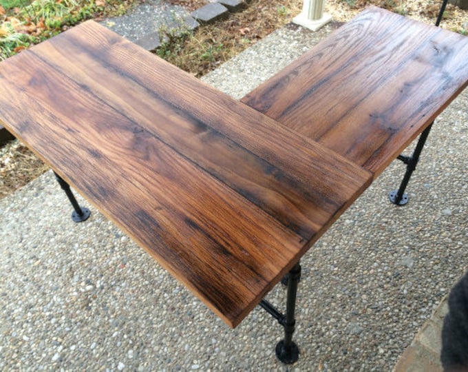 Desk, L Shaped Desk, Reclaimed Wood Desk, Corner Desk, Computer Desk, Wood Office Desk - Solid Oak W/ 28" Black Iron Pipe legs.