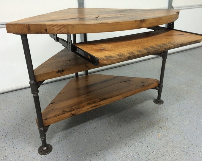 Reclaimed Wood Corner Table Desk- Solid Oak W/ Black Iron Pipe legs.