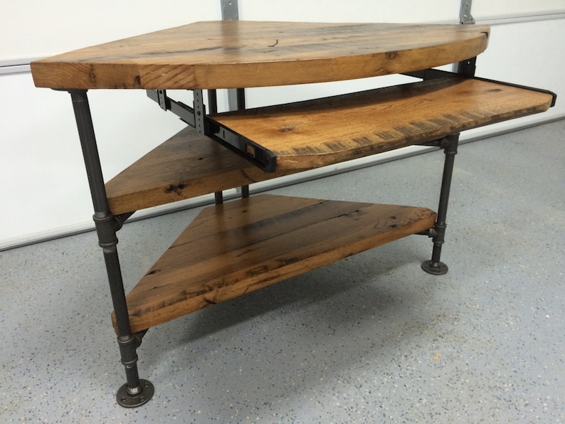 Reclaimed Wood Corner Table Desk Solid Oak W Black Iron Pipe Legs