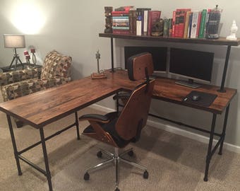 Desk, Customized L Shaped Desk, Corner Desk, Reclaim Wood Desk L Table,  Custom Computer Wood Desk , Solid Oak W/ 28" Black Iron Pipe legs.