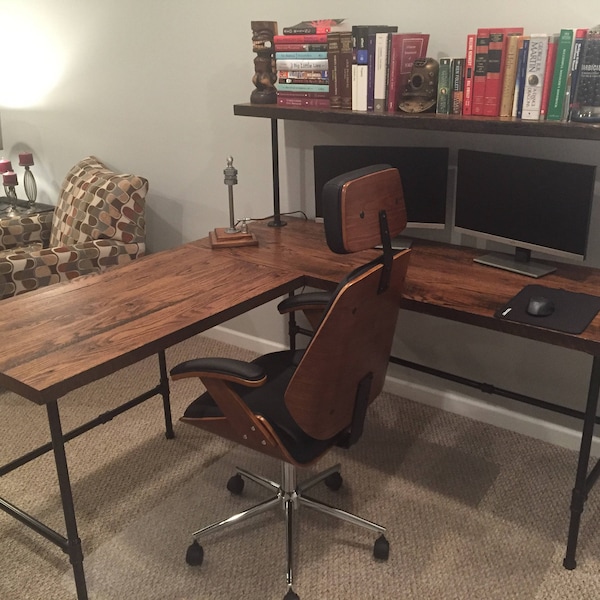 Desk, Customized L Shaped Desk, Corner Desk, Reclaim Wood Desk L Table,  Custom Computer Wood Desk , Solid Oak W/ 28" Black Iron Pipe legs.