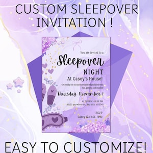 May include: A custom sleepover invitation with a purple and white watercolor background. The invitation features the text "Sleepover Night" and details for the event, including the date, time, and RSVP information. The words "Easy to Customize" are also displayed.