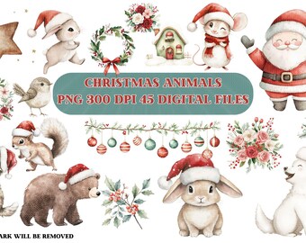 May include: A collection of watercolor Christmas-themed digital illustrations featuring animals in Santa hats, floral wreaths, a gingerbread star, ornaments, and a Santa Claus figure, with text reading CHRISTMAS ANIMALS PNG 300 DPI 45 DIGITAL FILES.
