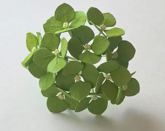 May include: A cluster of lime green hydrangea blossoms featuring rounded petals with a matte texture. Each individual flower head is composed of four distinct petals surrounding a small, pale yellow center, creating a dense, spherical floral arrangement.
