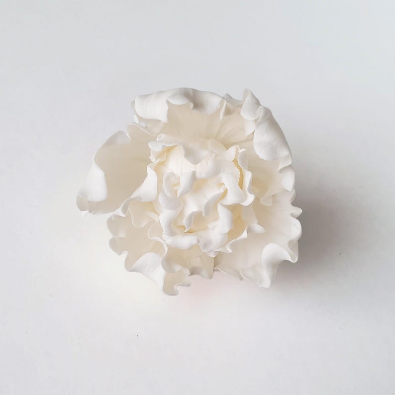 May include: A single, solid white flower with numerous delicate, ruffled petals arranged in a dense, layered circular pattern. The flower features a soft, matte texture and a complex, multi-dimensional structure with curved edges throughout the bloom.