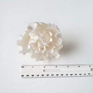May include: A white, multi-layered flower with ruffled, delicate petals. The flower is positioned above a white plastic ruler that shows the object has a diameter of approximately 3 inches, providing a clear scale for its size.