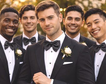 Juego de 5 pajaritas de boda Black Tie, pajaritas formales de satén negro a juego para padrinos de boda, accesorios para hombre preanudados y ajustables.