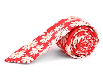 Red Daisy Necktie - Daisy Mens TIe - Daisy Print Tie - Daisy pattern tie - Daisy neckties weddings - Cotton Daisy Necktie