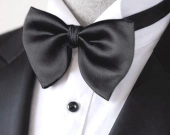 Oversized Black Satin Bow Tie Pocket Square Set, Pre-Tied Formal Wedding Wear