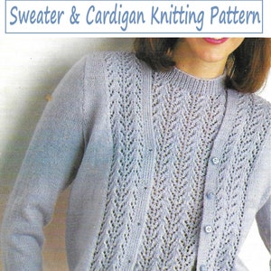 May include: A light blue knitted sweater and cardigan set with a delicate lace pattern. The cardigan has a button closure and the sweater has a crew neck. The set is shown on a model wearing a pink skirt. The pattern number K102 is visible in the bottom right corner.