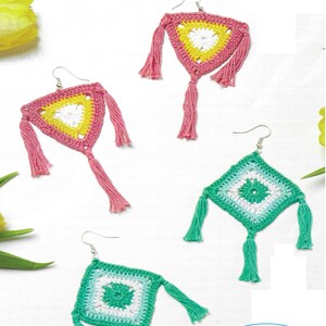 May include: Three pairs of crocheted earrings with tassels. The earrings are in pink, green, and yellow with white accents. The earrings are labelled CA60.