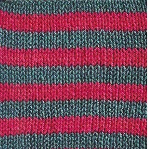 May include: Close-up of a knitted fabric with alternating horizontal stripes. The stripes are a deep red and a muted teal color. The text "Striped Baby Bonding Square Knitting Pattern" is at the top. The letters "KS2" are in the bottom right corner.