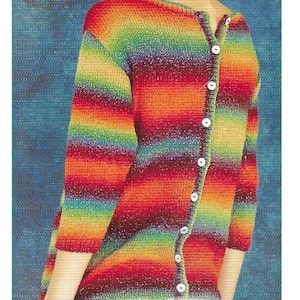 May include: A knitting pattern for a button-back jumper with a rainbow stripe design. The pattern number is K408.