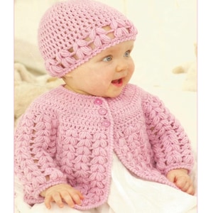 PNAPATTERNS - PDF Crochet Pattern, Beautiful Baby & Children&#39;s Matinee Jacket Cardigan with Beanie Hat 0 - 7 Years (CB33)