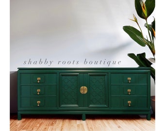 SOLD- Sleek Vintage Mid Century Modern Emerald Green long low boy dresser credenza Chinoiserie style by Thomasville • San Francisco, CA