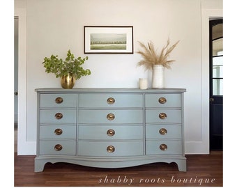 SOLD- Antique Bow Front Dresser in Duck Egg Sage Blue by Dixie Furniture •  San Francisco, CA