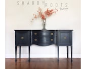SOLD- Gorgeous antique buffet sideboard leggy Federal bowfront- black charcoal with wood top- deep blue undertones San Francisco Bay Area
