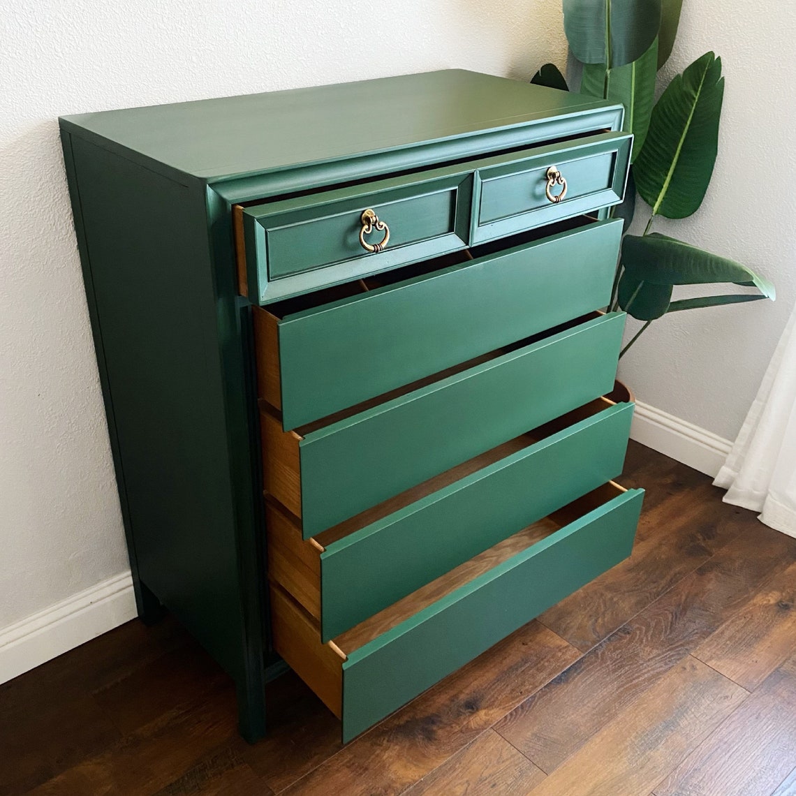 SOLD Emerald Green Tall dresser chest of drawers vintage Mid Etsy
