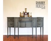 SOLD- Tall antique buffet sideboard cabinet table - dark grey gray federal style large server credenza - classic solid wood with tall legs