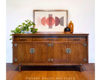 SOLD- Vintage Mid Century Modern Buffet Credenza sideboard Cabinet 1960s walnut and burl and brass - San Francisco CA