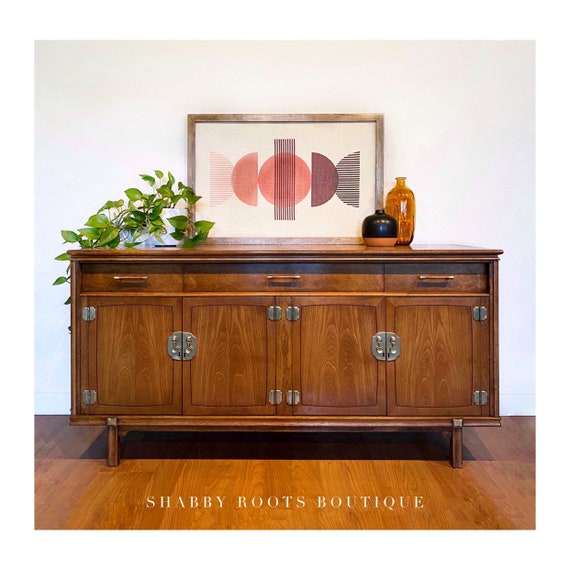SOLD Vintage Mid Century Modern Buffet Credenza Sideboard Cabinet 1960s  Walnut and Burl and Brass San Francisco CA 