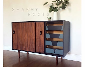 SOLD- Mid Century Modern sliding door cabinet credenza buffet- walnut, black, geometric, retro, minimalist. San Francisco, CA