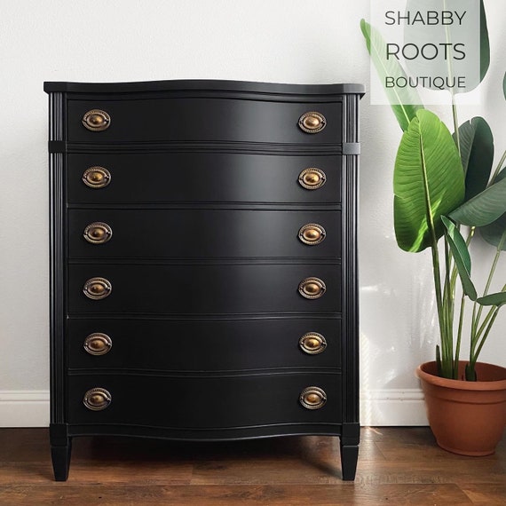 SOLD Tall Black Vintage Dresser Chest of Drawers Antique Bow Front