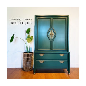 SOLD- Emerald Green Mid Century Modern Chinoiserie style tall dresser armoire wardrobe •San Francisco, CA