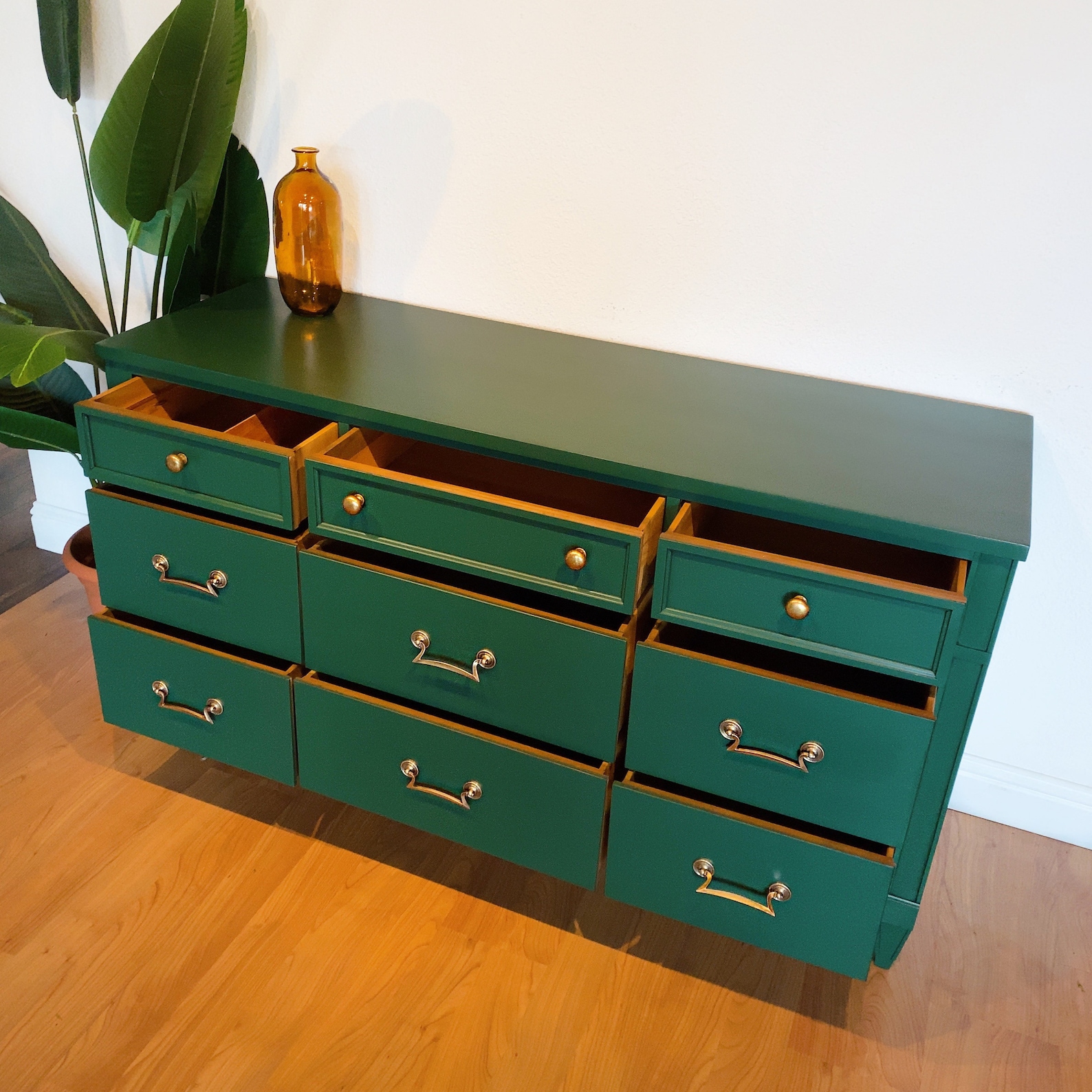 SOLD Emerald Green Mid Century Modern 9 Drawer Dresser Chest of Drawers. Triple Dresser Retro ...