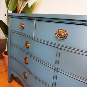 SOLD Antique federal bow front double dresser chest of drawers in beautiful indigo blue San Francisco, California image 7