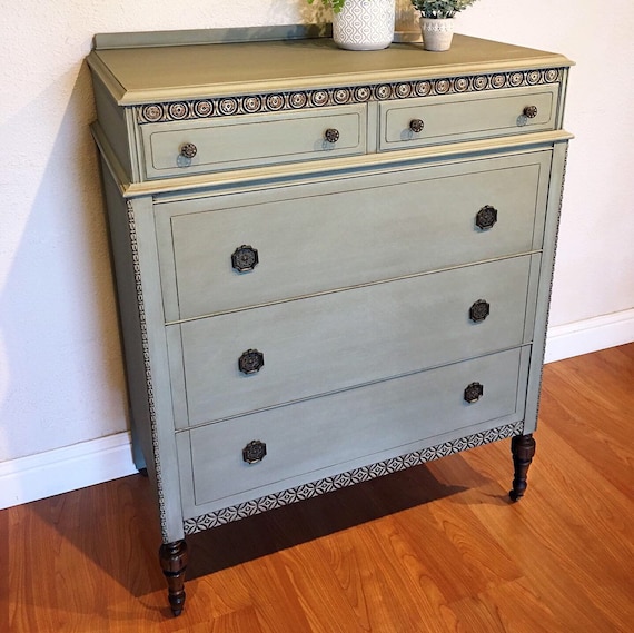 SOLD Antique Tall Dresser Duck Egg Light Blue Green Farmhouse