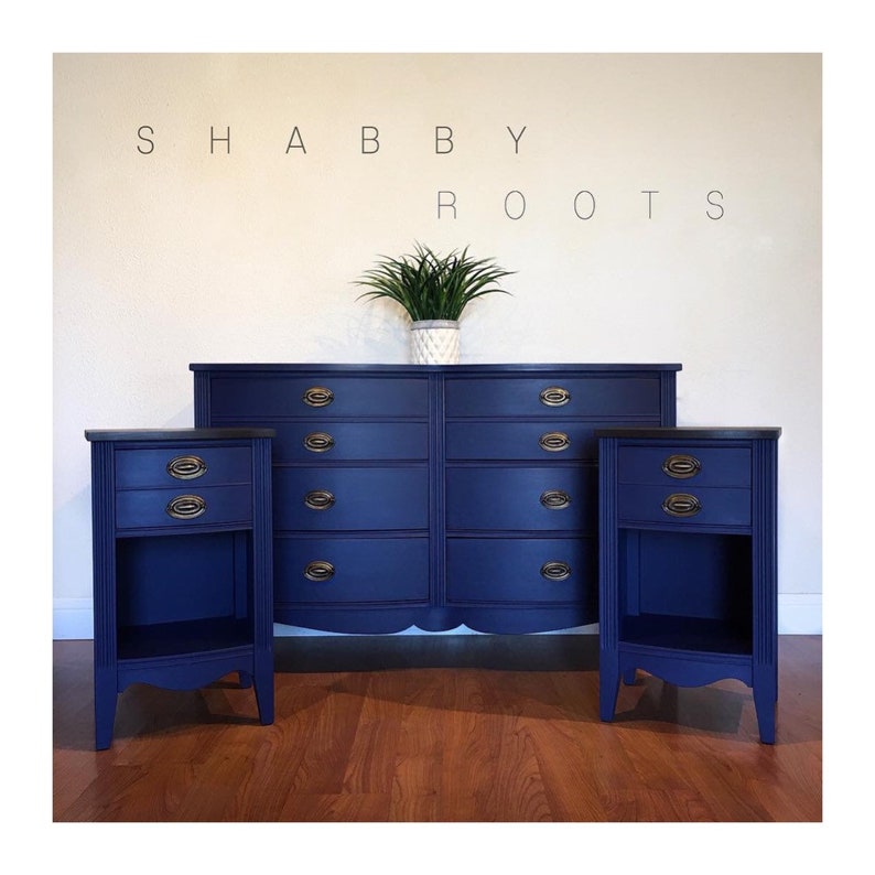Sold Antique Federal Bedroom Set In Blue Dresser And Two Image 0