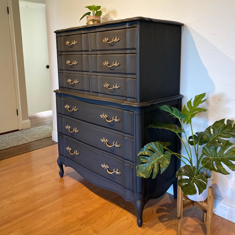 SOLD Charcoal Black French Provincial tall dresser chest of drawers. Vintage solid wood San Francisco CA image 7