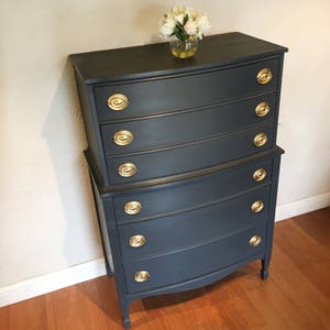SOLD Vintage antique Tall dresser bow front chest of drawers slate grey blue charcoal. Modern chic. San Francisco Bay Area image 2