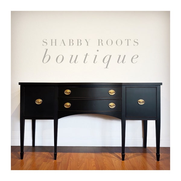 SOLD- Antique federal bow front buffet sideboard refinished in Black - classic modern with brass /gold hardware. San Francisco CA