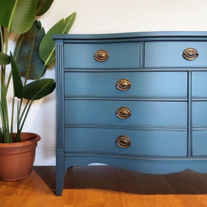 SOLD Antique federal bow front double dresser chest of drawers in beautiful indigo blue San Francisco, California image 4