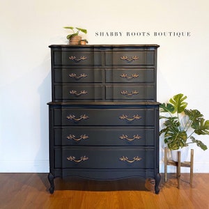 SOLD Charcoal Black French Provincial tall dresser chest of drawers. Vintage solid wood San Francisco CA image 5