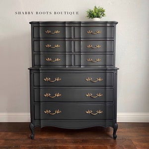 SOLD Charcoal Black French Provincial tall dresser chest of drawers. Vintage solid wood San Francisco CA image 2