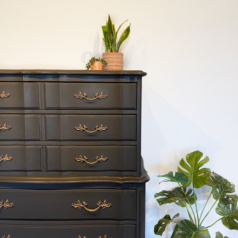 SOLD Charcoal Black French Provincial tall dresser chest of drawers. Vintage solid wood San Francisco CA image 6