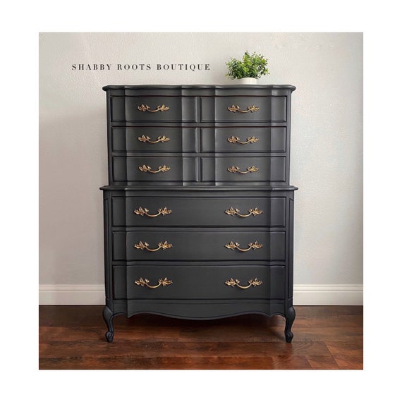 SOLD Charcoal Black French Provincial Tall Dresser Chest of