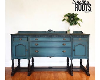 SOLD- Gorgeous Antique jacobean Buffet sideboard in deep Blue. Large vintage server cabinet. San Francisco, California