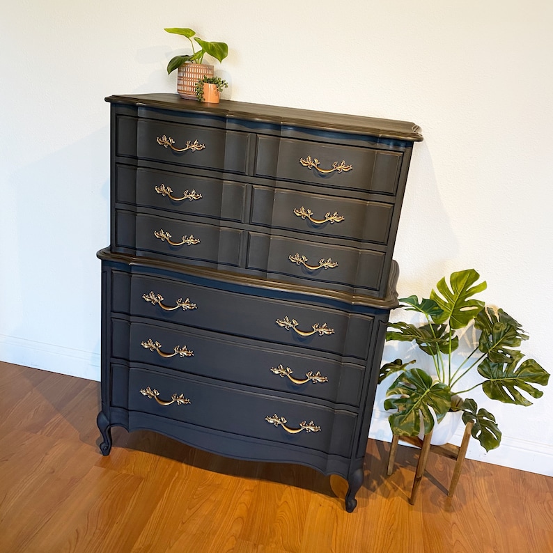 SOLD Charcoal Black French Provincial tall dresser chest of drawers. Vintage solid wood San Francisco CA image 8