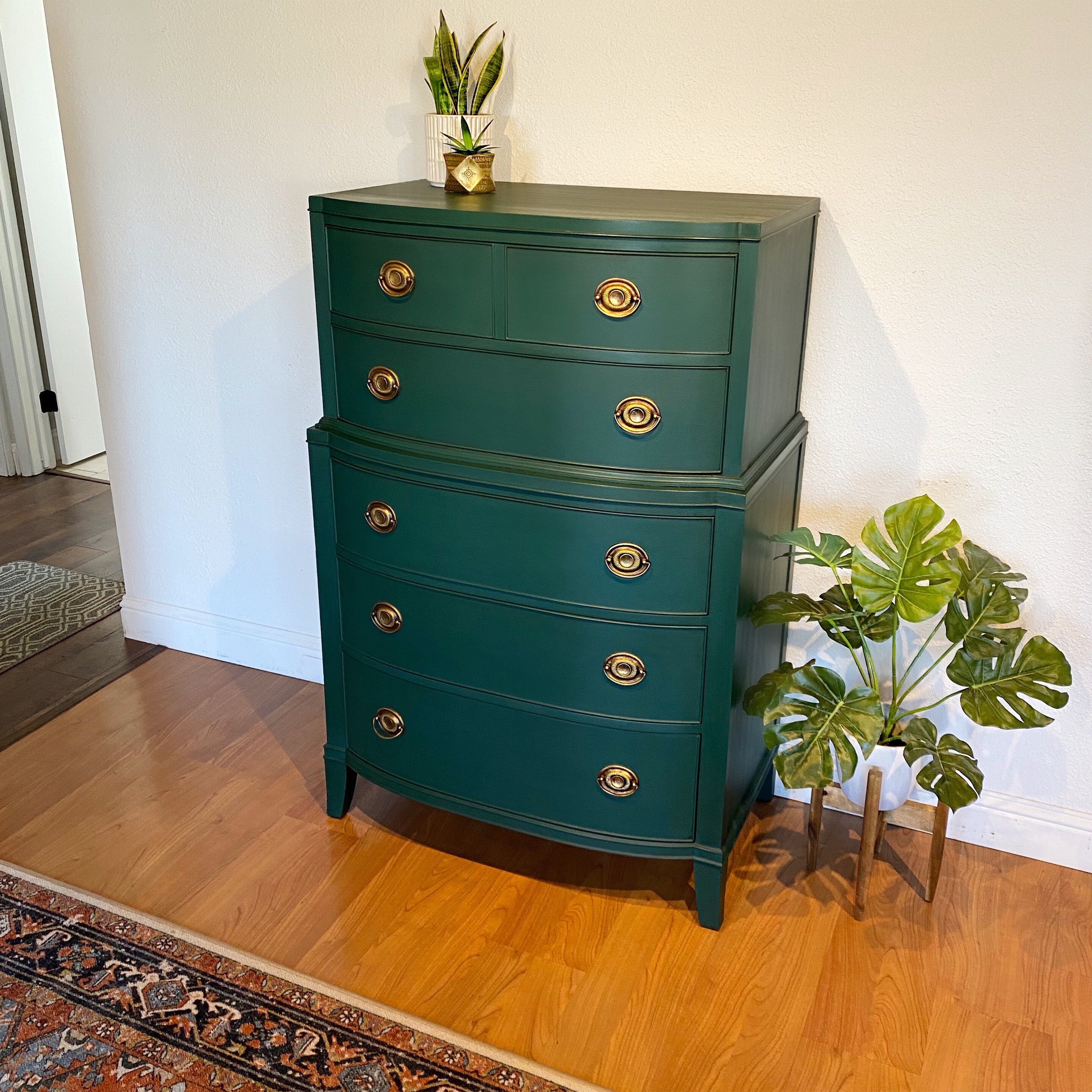 SOLD Emerald Green Tall Dresser Chest of Drawers Vintage Antique Mahogany  Bow Front With Gold Handles San Francisco CA -  Denmark