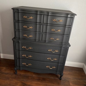 SOLD Charcoal Black French Provincial tall dresser chest of drawers. Vintage solid wood San Francisco CA image 3