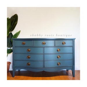 SOLD Antique federal bow front double dresser chest of drawers in beautiful indigo blue San Francisco, California image 1